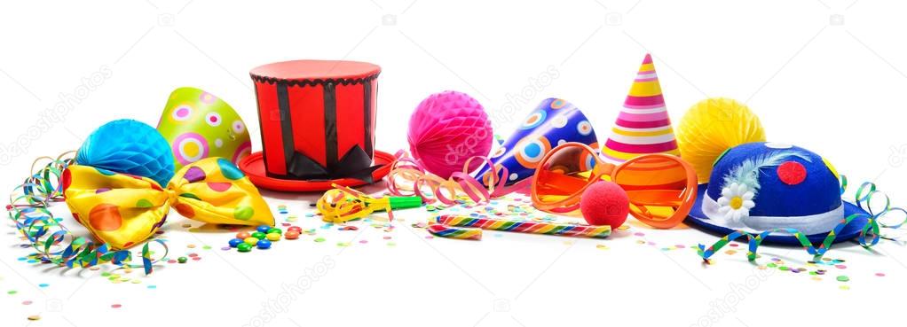 Colorful birthday or carnival background with party items isolat