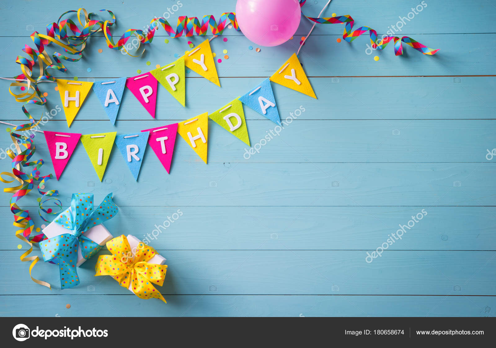 Happy birthday party background with text and colorful tools Stock Photo by  ©alexraths 180658674