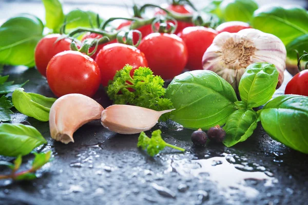 Ripe tomatoes with fresh basil, garlic and other herbs with wate — Stock Photo, Image