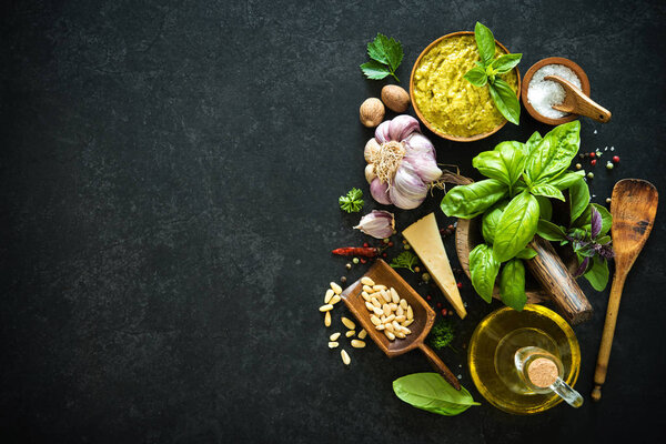 Ingredients for homemade green basil pesto