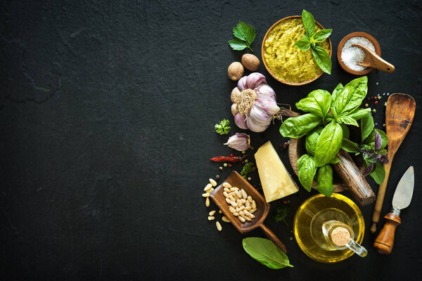 Ingredients for homemade green basil pesto