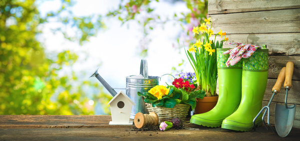 Садовые инструменты и весенние цветы на террасе
