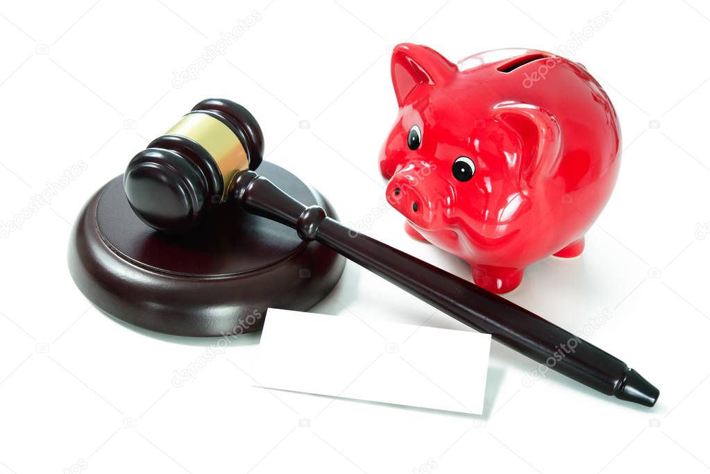 Judges court gavel and piggy bank with an empty tag