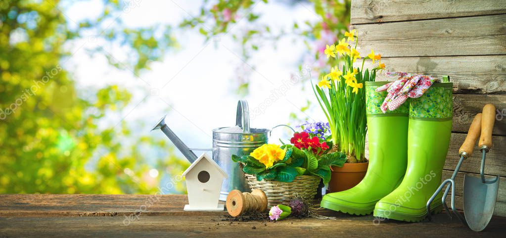 Gardening tools and spring flowers on the terrace