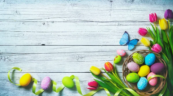 Easter background. Colorful spring tulips with butterflies and p — Stock Photo, Image