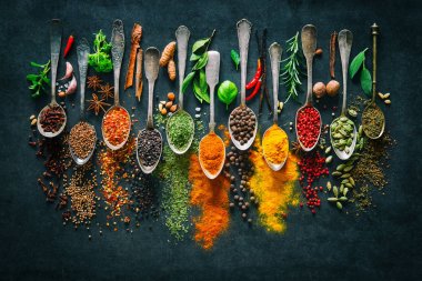 Herbs and spices for cooking on dark background  clipart