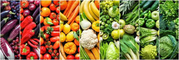 Surtido de frutas y verduras orgánicas frescas en col arco iris — Foto de Stock