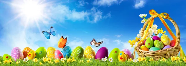 Barevná Velikonoční Vajíčka Zelené Trávě Košíkem Jarními Květinami Motýlem Před — Stock fotografie