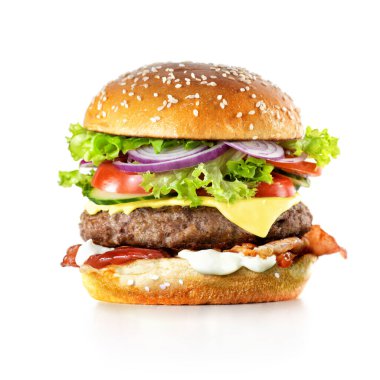Beyaz arka planda izole edilmiş taze lezzetli burger.