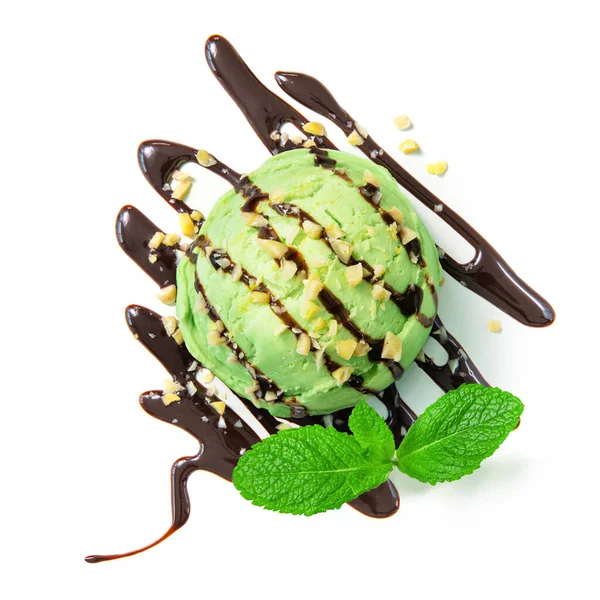 Vista Superior Bola Sorvete Pistache Com Xarope Chocolate Wallnuts Folha — Fotografia de Stock