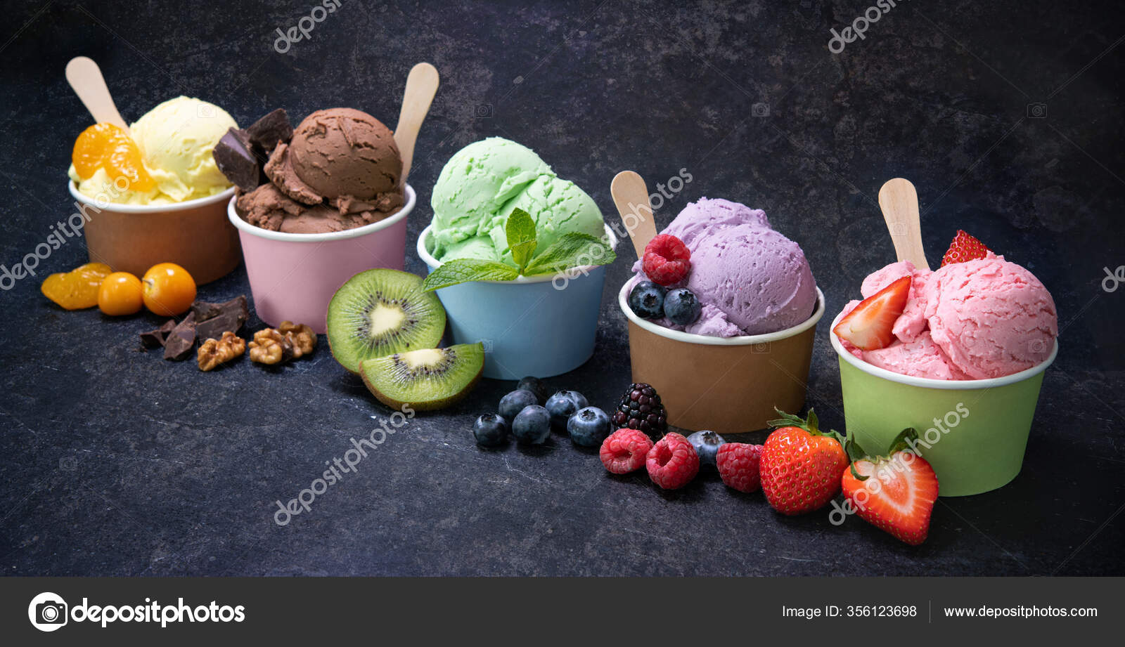 Various Colorful Ice Cream Paper Cup Dark Rustic Background Stock Photo
