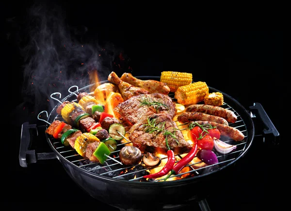 Assorted Delicious Grilled Meat Vegetables Barbecue Grill Smoke Flames Isolated — Stock Photo, Image