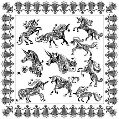 Grafik illüstrasyon soyut unicorns_set 3 ile