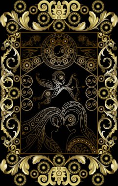 Gizli tarot kartı ile soyut grafik tasarım. Major Arcana - aşıklar. Davet, el ilanı, etiket, poster, afiş, kart, etiket, kapak, web için uygundur. Vektör çizim.