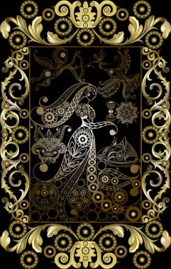 Gizli tarot kartı ile soyut grafik tasarım. Minor Arcana - bardak kraliçesi. Davet, el ilanı, etiket, poster, afiş, kart, etiket, kapak, web için uygundur. Vektör çizim.