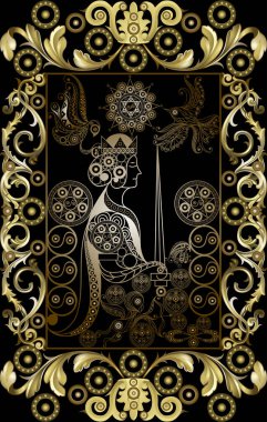 Gizli tarot kartı ile soyut grafik tasarım. Minor Arcana - kılıç kraliçesi. Davet, el ilanı, etiket, poster, afiş, kart, etiket, kapak, web için uygundur. Vektör çizim.