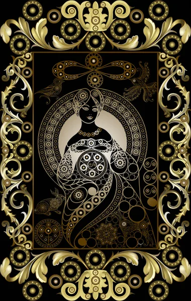 神秘的なタロット カードを使っての抽象的なデザイン 小アルカナ 金貨の女王 招待状 チラシ ステッカー ポスター バナー カード — ストックベクタ
