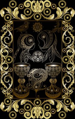 Tarot kartlı grafiksel soyut tasarım. Minor Arcana - Kupa İki. Davetiye, ilan, çıkartma, poster, afiş, kart, etiket, kapak, web için uygun. Vektör illüstrasyonu.
