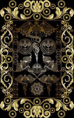 Tarot kartlı grafiksel soyut tasarım. Minor Arcana - Asa Beş. Davetiye, ilan, çıkartma, poster, afiş, kart, etiket, kapak, web için uygun. Vektör illüstrasyonu.
