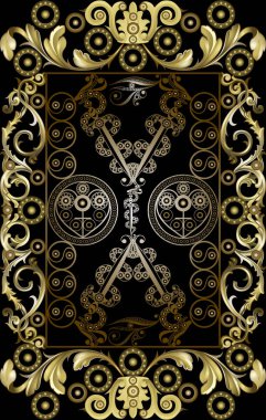 Tarot kartlı grafiksel soyut tasarım. Minor Arcana - Beş Kılıç. Davetiye, ilan, çıkartma, poster, afiş, kart, etiket, kapak, web için uygun. Vektör illüstrasyonu.
