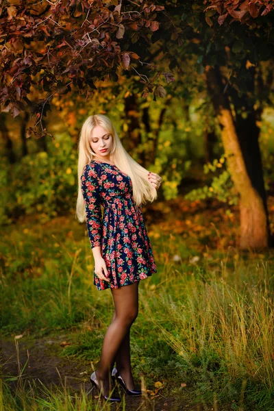 Flicka med långt vitt hår i en park på hösten — Stockfoto