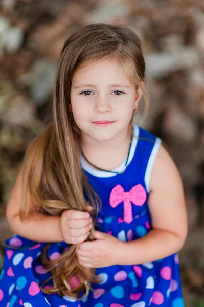 Little Girl Blue Dress Long Hair Sits Log Woods — Stock Photo, Image