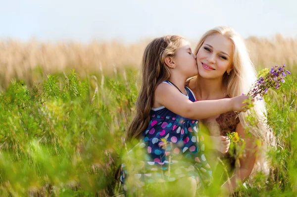 Madre Figlia Felici Ridono Natura Raccolgono Fiori — Foto Stock