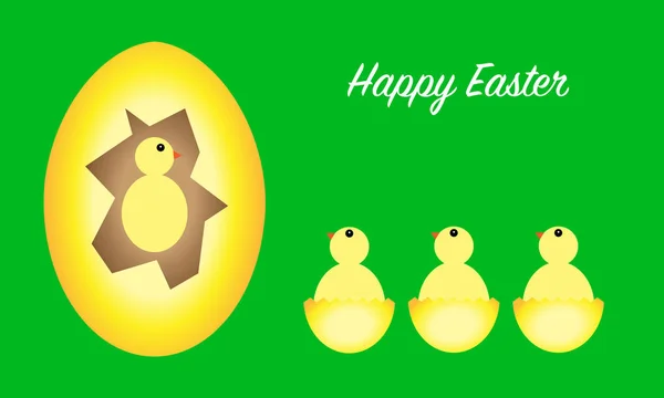 Mutlu Paskalya tebrik kartı, yumurta ve civciv yeşil zemin üzerine