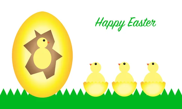 Mutlu Paskalya tebrik kartı, yumurta ve piliç çim ve beyaz arka plan üzerinde