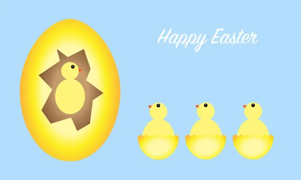 Mutlu Paskalya tebrik kartı, yumurta ve civciv soluk mavi zemin üzerine