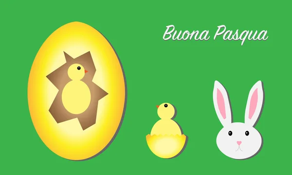 Frohe Ostern Grußkarte, Ei, Küken und Hase, italienische Version — Stockvektor