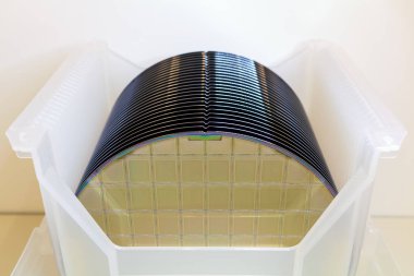 Silikon gofretler bir masa üzerinde beyaz plastik kutu içinde - bir gofret ince bir dilim yarı iletken malzemedir, kristal silikon gibi, entegre devrelerin üretimi için elektronik olarak kullanılır.