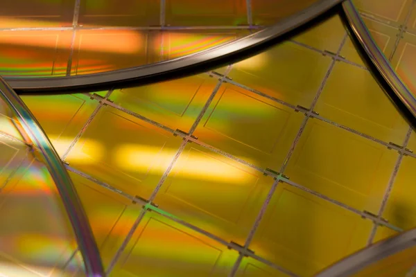 Várias bolachas de silicone com microchips Uma bolacha é uma fina fatia de material semicondutor, como um silício cristalino, usado em eletrônicos para a fabricação de circuitos integrados.. — Fotografia de Stock