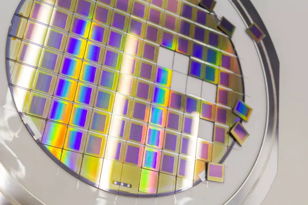 Siliciumwafer met microchips in een houder met een stalen frame na het snijden en afzonderlijke microchips. — Stockfoto