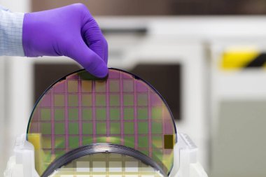 Plastik beyaz depolama kutusunda yarı iletkenli Silikon Wafer temiz odada eldivenlerle elle çıkartılır..