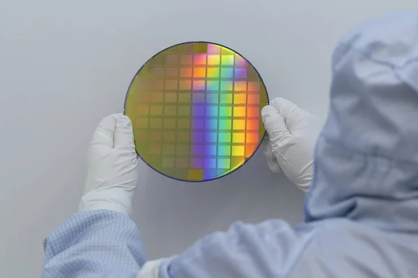 Engineer in clear room in white gloves and suit holding a silicon wafer on a white background. — 스톡 사진