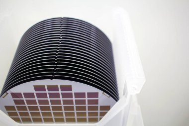 Silikon gofretler bir masa üzerinde beyaz plastik kutu içinde - bir gofret ince bir dilim yarı iletken malzemedir, kristal silikon gibi, entegre devrelerin üretimi için elektronik olarak kullanılır.