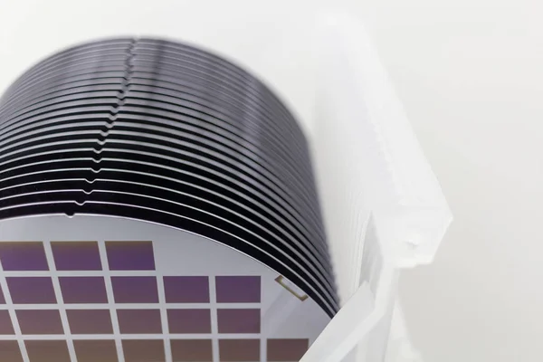 Silicon Wafers in white plastic holder box on a table- A wafer is a thin slice of semiconductor material, such as a crystalline silicon, used in electronics for the fabrication of integrated circuits.