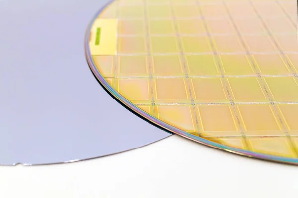 Silicon Wafers två typer -tom grå våffla och guld våfflor med mikrochips — Stockfoto