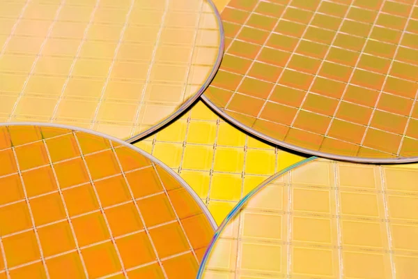 Muchas obleas de silicio tres tipos - obleas de color dorado con microchips —  Fotos de Stock