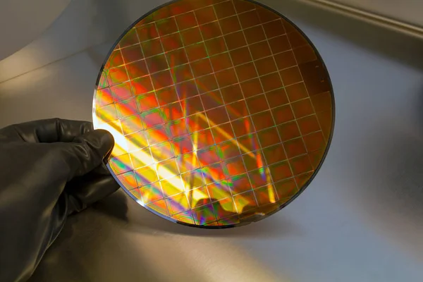 Silicon Wafer is held in the hands by gloves inside of glovebox — 스톡 사진
