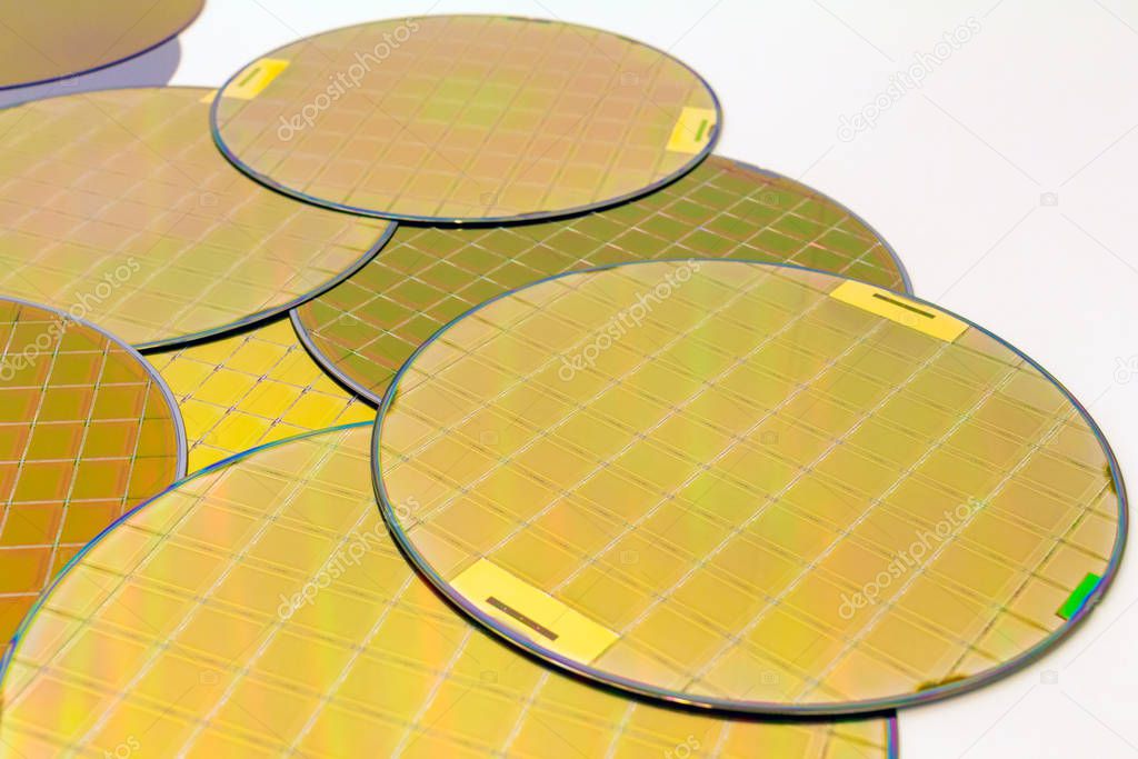 Many Silicon Wafers three types - gold color wafes with microchips