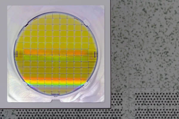 Siliciumwafer in stalen houder op een tafel - Een wafer is een dunne plak halfgeleidermateriaal, zoals een kristallijn silicium, dat wordt gebruikt in elektronica voor de vervaardiging van geïntegreerde schakelingen. — Stockfoto