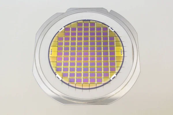 Silicon wafer with microchips fixed in the holder with steel frame on the grey background and ready for process .