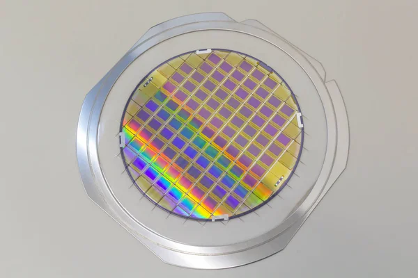 Silicon wafer with microchips fixed in the holder with steel frame on the grey background and ready for process . — 스톡 사진