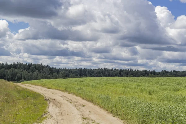 Paisagem verde com estrada e nuvens incríveis no céu. Vista do país . — Fotografia de Stock