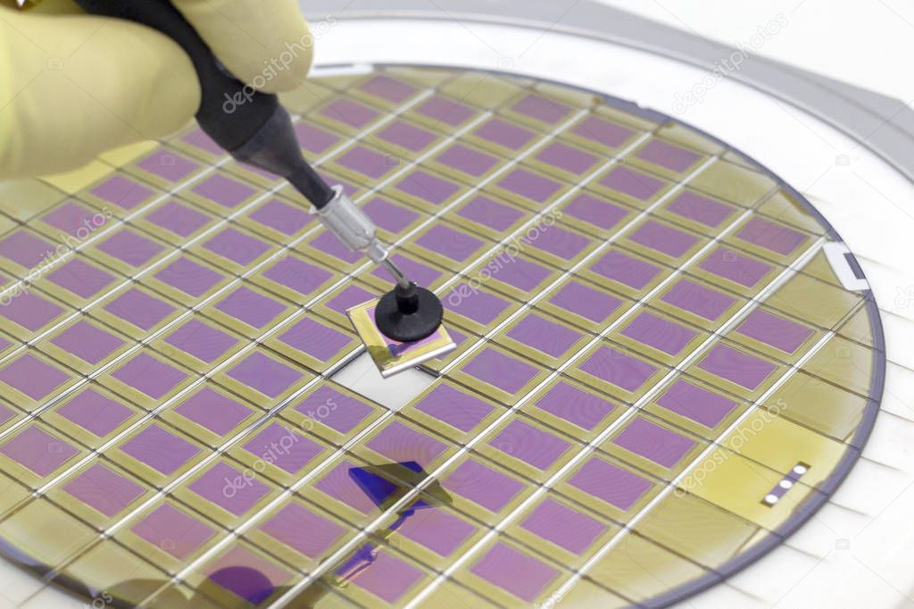 Silicon wafer with microchips, fixed in a holder with a steel frame on a gray background after the process of dicing. Microchip separation with tweezer in hand.