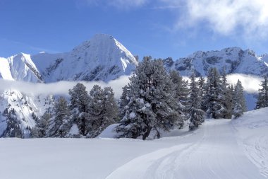 Kış mevsiminde Avusturya Alpleri. Avrupa 'nın tepesindeki Tirol' de Alp Dağları manzarası.