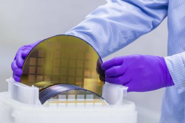 Plastik beyaz depolama kutusunda yarı iletkenli silikon gofret temiz odada eldivenlerle çıkartılır. Mikroçipli waffle. Silikon dalgalarda gökkuşağı. Parıltılı renkli silikon gofretler..