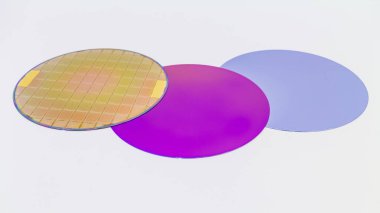 Silicon Wafers three types -empty grey wafer,purple wafer with SiO film and gold wafes with microchips.Several pieces of wafers with microchips.Rainbow on silicon wafers.Color silicon wafers with glare. clipart